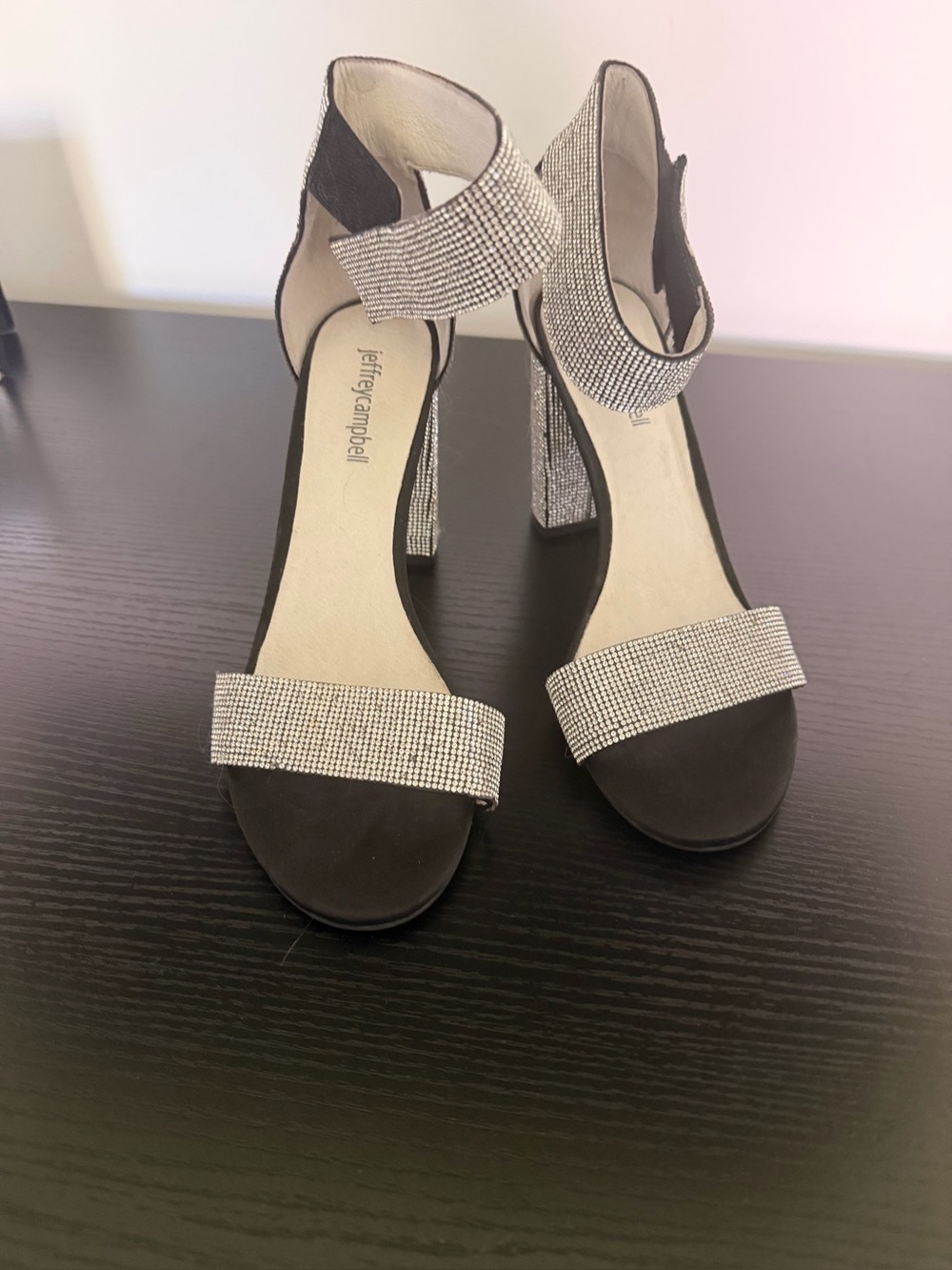 Jeffrey Campbell Black Heels with Silver Rhinestone Straps